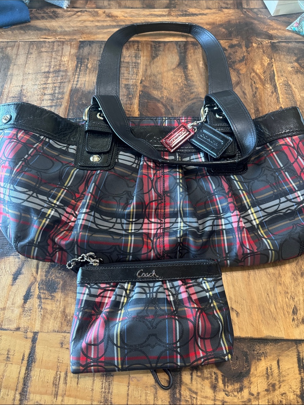 Coach Black, Red & White Plaid Tote with Matching Pouch